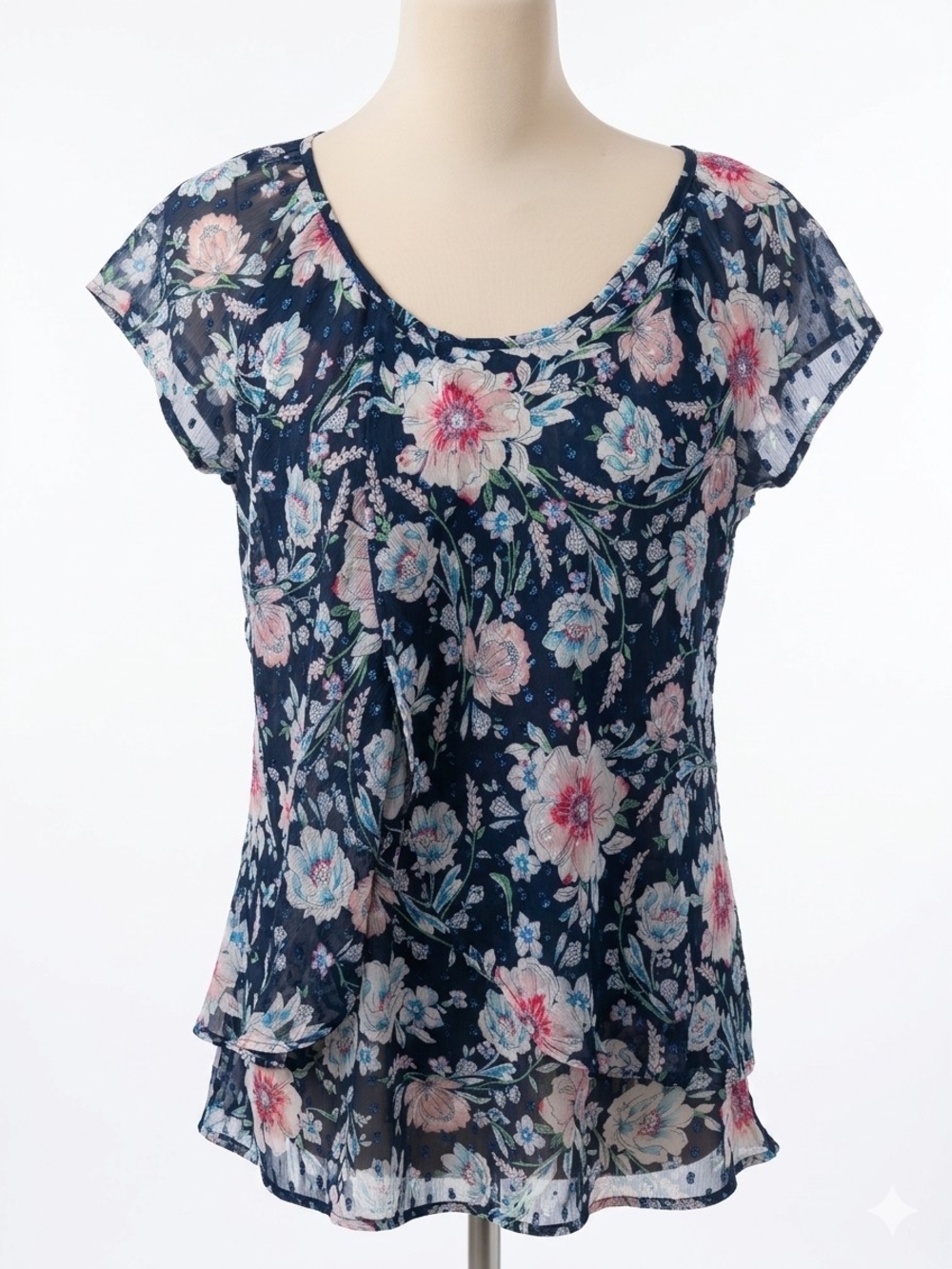 2/$15 Navy Floral Short-Sleeve Scoop Neck Blouse with Pink Blooms